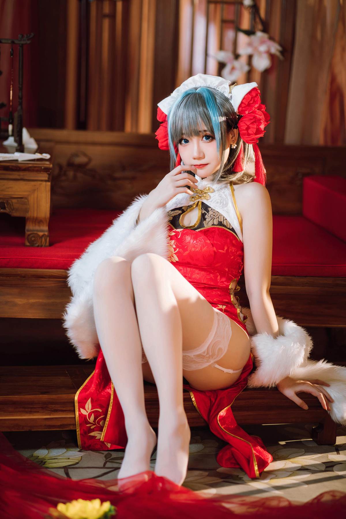 图片[2]-焖焖碳 – cos 柴郡：真人写实碧蓝航线猫娘 银发猫耳撕裂旗袍巨乳白丝开档 极致诱惑堕落无修正 29P-御萝部落