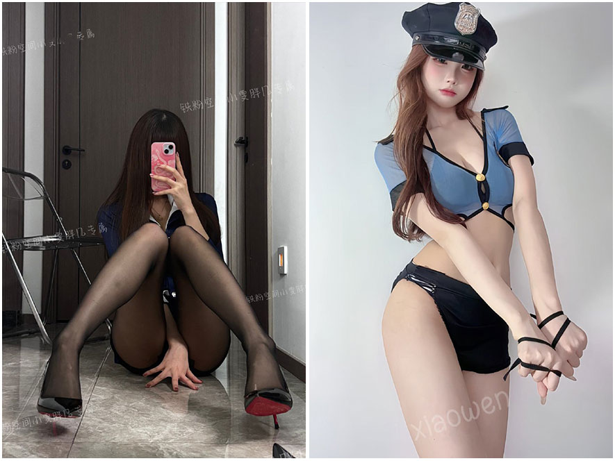 小雯胖几COS某游戏角色,身着紧身皮衣战斗服