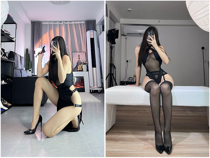 我就是张包包深夜福利私房照，黑色丝绸睡衣展现S型火辣身材曲线