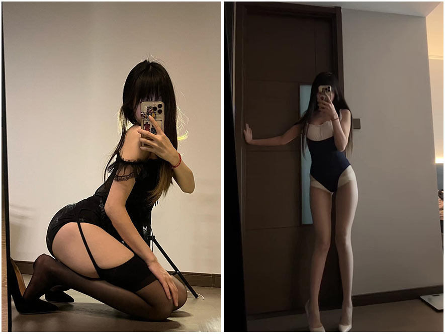 抖音网红KhunnieXie身穿黑色紧身礼服的镜面自拍,身材曲线S型尽显